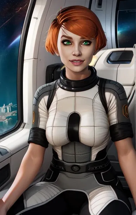 kelly, short hair, orange hair, green eyes, ,(((4breasts))) 
white and black bodysuit, short hair,   pants, 
sitting,   upper body,   looking at viewer,  light smile, 
space ship, indoors,  
(insanely detailed, beautiful detailed face,beautiful detailed eyes, masterpiece, best quality),
 