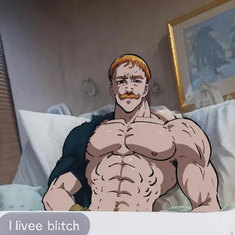 Highly detailed, High Quality, Masterpiece, beautiful, IncrsLivedB, <lora:ILivedBitch:1>, Escanor, Topless, <lora:Char_7DS_Escanor:1>