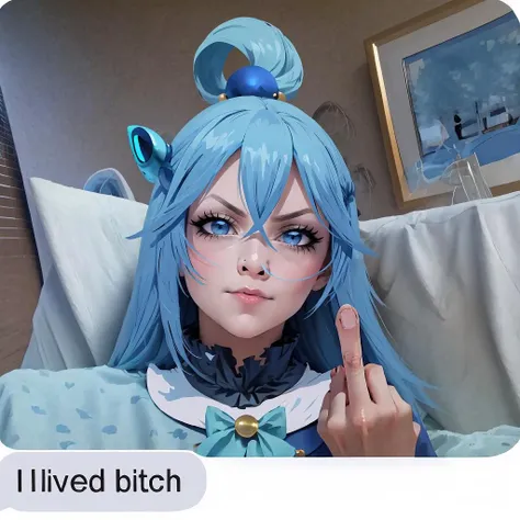 Highly detailed, High Quality, Masterpiece, beautiful, IncrsLivedB, <lora:ILivedBitch:1.1>, middle finger, fuck you, (holding_middle_finger:1.3) <lora:Expression_MiddleFinger:1>, aqua \(konosuba\), 1girl, blue eyes, blue hair, hair ornament, hair rings, long hair, single hair ring, very long hair, <lora:Char_Konosuba_Aqua:0.65>