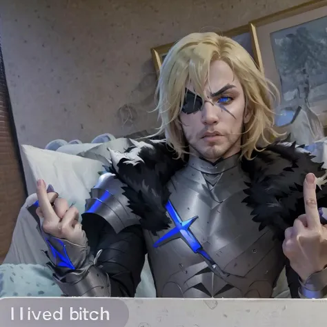 Highly detailed, High Quality, Masterpiece, beautiful, IncrsLivedB, <lora:ILivedBitch:1>, DimitriAfter, <lora:Char_FireEmblem_Dimitri:0.9>, 1boy, middle finger, fuck you, (holding_middle_finger:1.3) <lora:Expression_MiddleFinger:1>, one eye covered,