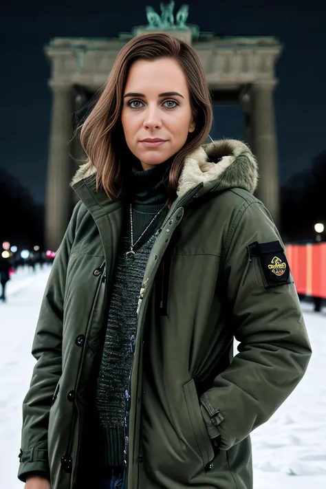 a realistic photograph of fit and thin beautiful (KW116:1.1) woman as a beautiful tourist in a dark green parka standing in the snow near the brandenburg gate in berlin,dark night,light flurries,taken with Nikon D850,Nikon AF-S 85mm f/1.4G lens,photo realistic,bokeh,IMAX,(highly detailed),(Award winning),(Masterpiece),(HDR),(8k wallpaper),colorful,vivid color,intricately detailed,high contrast,looking_at_viewer,highres,absurdres,hyper realistic,UDH,depth_of_field,PA7_Portrait-MS,<lora:KW116_04A-000002:1.0>,