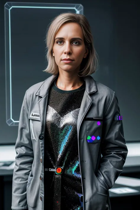a realistic photograph of beautiful (RB100m:1.1) woman wearing a (gray lab coat:1.3),standing in a science museum,holding a (holographic tablet:1.2),surrounded by displays of chemistry equations and periodic tables,soft lighting,high quality,film grain,Fujifilm XT3,(highly detailed),(Award winning),(Masterpiece),(HDR),(8k wallpaper),colorful,intricate,detailed,high contrast,looking_at_viewer,highres,absurdres,hyper realistic,HDR UDH 8K wallpaper,depth_of_field,(low_view:1.2),PA7_Portrait-MS,<lora:RB100m_05B-000004:0.9>,