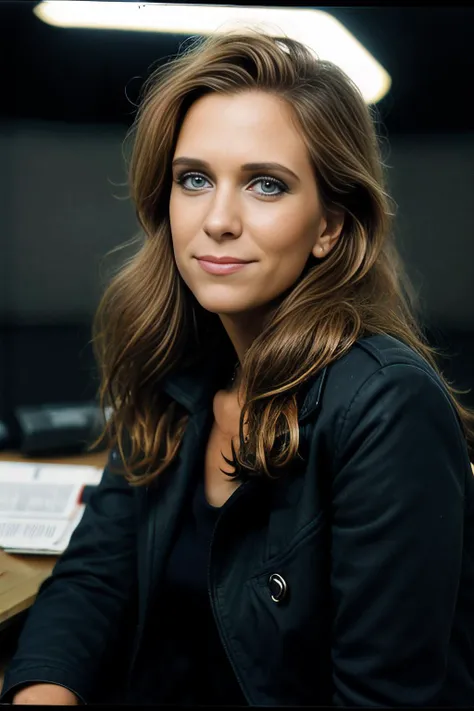 promotional photograph of a beautiful (KW116:1.1) woman as cable newscaster,presenting breaking news,sitting at a news desk,with video of an (alien invasion) on screen behind her,1girl,solo,long hair,looking at viewer,smile,hair,blue eyes,parted lips,black blouse and jacket,lips,professional Photography,Photorealistic,detailed,RAW,analog,sharp focus,8k,HD,high quality,masterpiecePA7_Portrait-MS,<lora:KW116_04A-000002:1.0>,