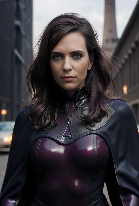 a realistic photograph of beautiful(KW116:1.2) woman as a (fit and thin:1.2)(Super villain:1.2),from the (future:1.2),at a (old power plant:1.2),wearing a (dark red polymer latex hero outfit:1.2) with (indigo carbon fiber flak jacket and cape:1.2),cosplay costume,(hero view angle),(dramatic action pose),photo realistic,bokeh,IMAX,(highly detailed),(Award winning),(Masterpiece),(HDR),(8k wallpaper),colorful,vivid color,intricately detailed,high contrast,looking_at_viewer,highres,absurdres,hyper realistic,UDH,kodachrome,depth_of_field,PA7_Portrait-MS,<lora:KW116_04A-000002:0.9>,