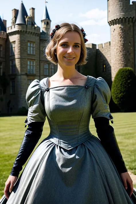 a realistic photograph of beautiful (KW116:1.1) woman in a (1840's Victorian era ballgown|suit of armor:0.6) in the fashion of (armor battle dress:1.2),posing for a picture,standing in front of a (medival castle:1.3),[victorian dress|armor:0.5],4K,Masterpiece,highres,absurdres,photorealistic,smiling,PA7_Portrait-MS,<lora:KW116_04A-000002:1.0>,