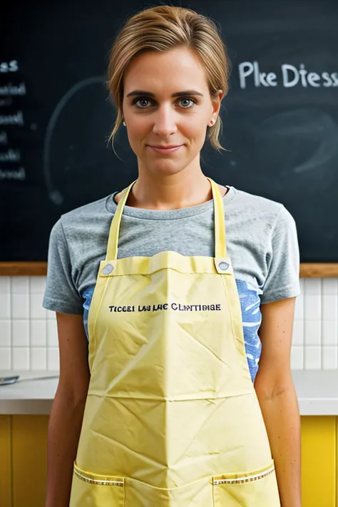 a realistic photograph of beautiful (KW116:1.1) woman as a waitress,standing in an ice creme parlor,wearing a yellow apron,holding a tray with ice cream sundae,with a blackboard menu behind her,facing viewer,sexy expression on face,photorealistic,natural lighting,sony a7,35mm,hyperrealistic,hyperdetailed,hyperrealistic,(ambient light),PA7_Portrait-MS,<lora:KW116_04A-000002:1.0>,
