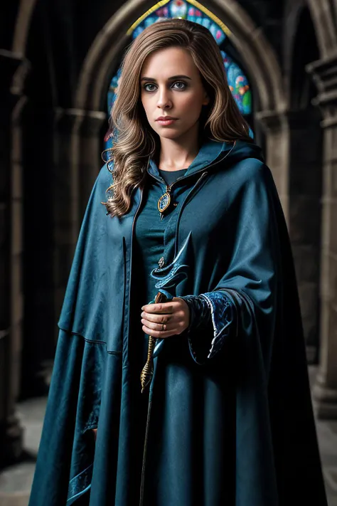 a cinematic still of beautiful (KW116:1.1) woman,as a professor at Hogwarts,wearing a (Ravenclaw magician cloak:1.4),holding up an exquisite carved magic wand,standing in a long hallway,with gothic stone archways,with stained glass windows,(dramatic pose:1.2),long hair,lipstick,makeup and eyeshadow,(looking at viewer),sharp focus,detailed eyes,depth of field,(highly detailed),(HDR),(8k wallpaper),intricately detailed,highres,absurdres,hyper realistic,8K UHD DSLR,Fujifilm XT3,taken with (Canon EOS 1Ds camera),extremely intricate,dramatic,4k textures,elegant,(cinematic look),PA7_Portrait-MS,<lora:KW116_04A-000002:1.0>,