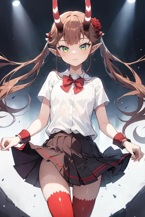 masterpiece, best quality, ultra-detailed, glistening shiny, glowing light, ray tracing, HDR, deph of field, (perfect face, detailed face),  <lora:Msyu:0.8>, msyu, flat chest, long hair, twintails, hair flower, pointy ears, horns, school uniform, red thighhighs, standing, cowboy shot,