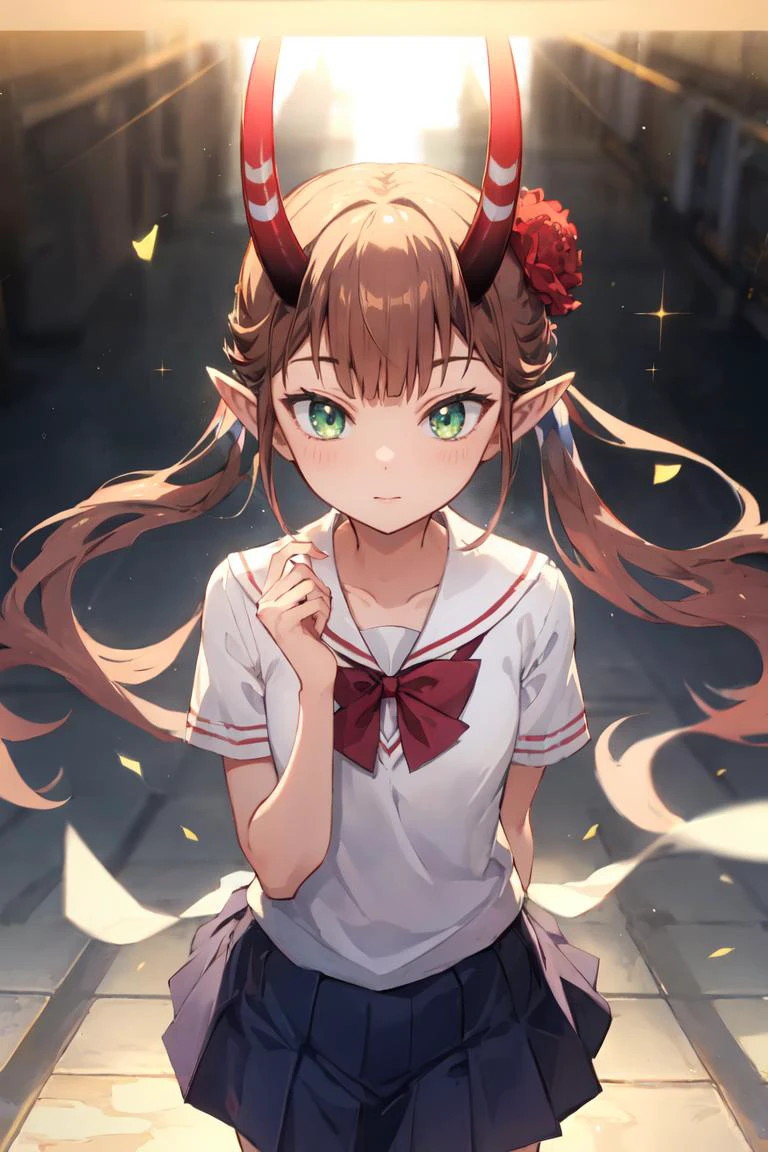 masterpiece, best quality, ultra-detailed, glistening shiny, glowing light, ray tracing, HDR, deph of field, (perfect face, detailed face), <lora:Msyu:0.8>, msyu, flat chest, long hair, twintails, hair flower, pointy ears, horns, school uniform, standing, cowboy shot,