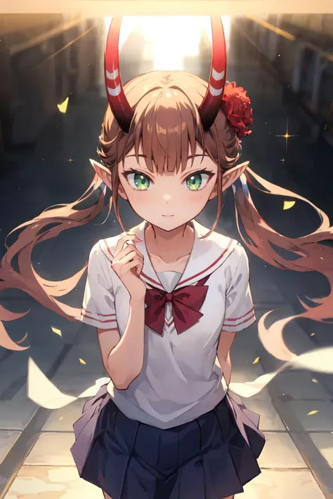 masterpiece, best quality, ultra-detailed, glistening shiny, glowing light, ray tracing, HDR, deph of field, (perfect face, detailed face),  <lora:Msyu:0.8>, msyu, flat chest, long hair, twintails, hair flower, pointy ears, horns, school uniform,  standing, cowboy shot,