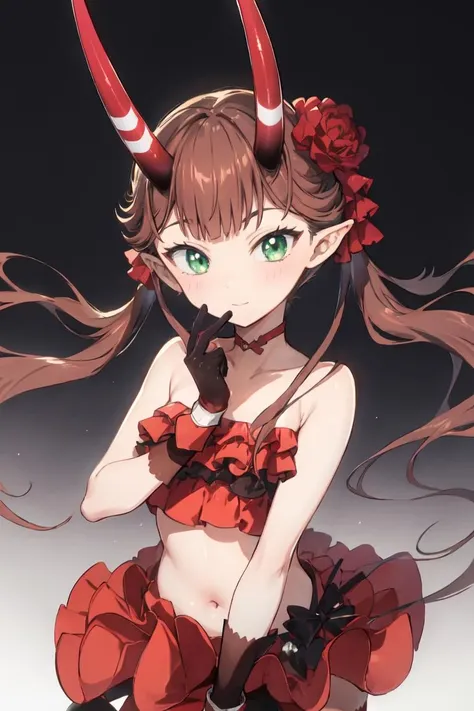 masterpiece, best quality, ultra-detailed, glistening shiny, glowing light, ray tracing, HDR, deph of field, (perfect face, detailed face),  <lora:Msyu:1>, msyu, long hair, twintails, hair flower, horns, tube top, red gloves, red skirt, red thighhighs