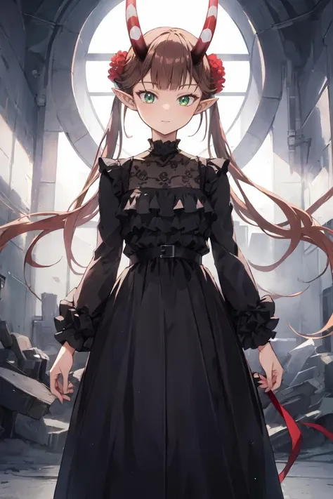 masterpiece, best quality, ultra-detailed, glistening shiny, glowing light, ray tracing, HDR, deph of field, (perfect face, detailed face),  <lora:Msyu:0.8>, msyu, long hair, twintails, hair flower, pointy ears, horns, black dress, long skirt, standing