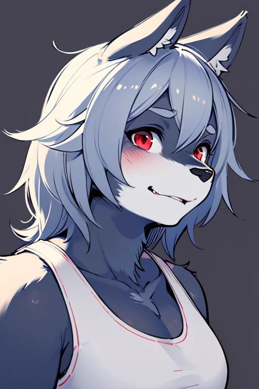 1girl, grey fur, red eyes, horse girl, medium breasts, tank top, portrait, simple background, (furry:1.5) <lora:lycoris_s01:0.6>