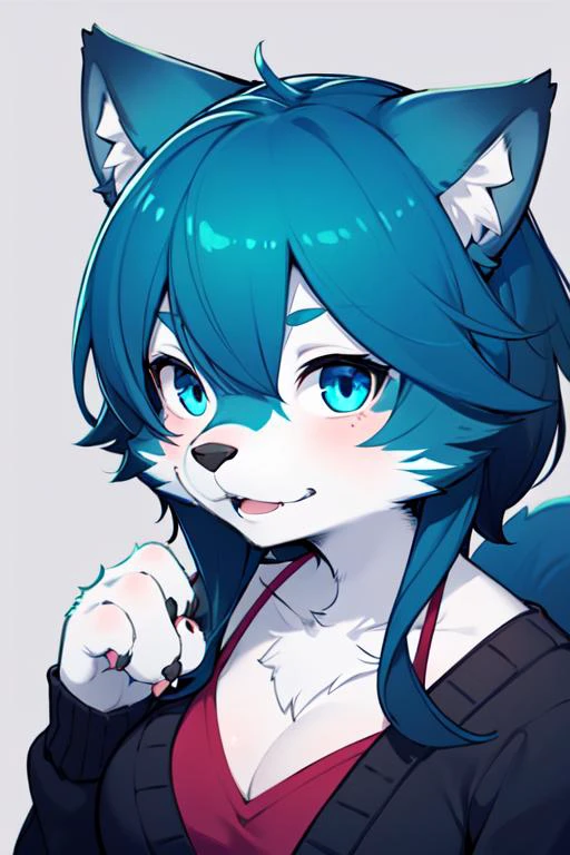 1girl, aqua fur, blue eyes, wolf girl, medium breasts, cardigan, portrait, simple background, (furry:1.5) <lora:lycoris_s01:0.6>