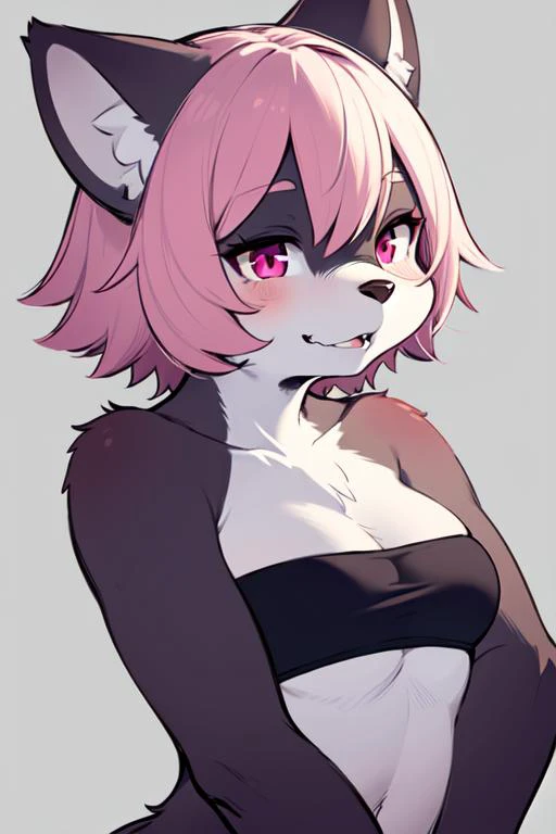 1girl, pink fur, pink eyes, weasel girl, medium breasts, tube top, portrait, simple background, (furry:1.5) <lora:lycoris_s01:0.6>