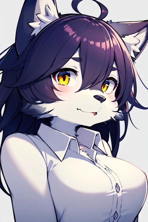 1girl, yellow fur, white eyes, fox girl, medium breasts, dress shirt, portrait, simple background, (furry:1.5) <lora:lycoris_s01:0.6>