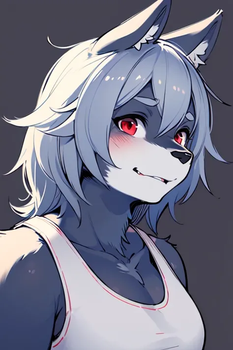 1girl, grey fur, red eyes, horse girl, medium breasts, tank top, portrait, simple background, (furry:1.5) <lora:lycoris_s01:0.6>