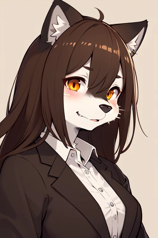 1girl, sepia fur, orange eyes, wolf girl, medium breasts, dress shirt, portrait, simple background, (furry:1.5) <lora:lycoris_s01:0.6>