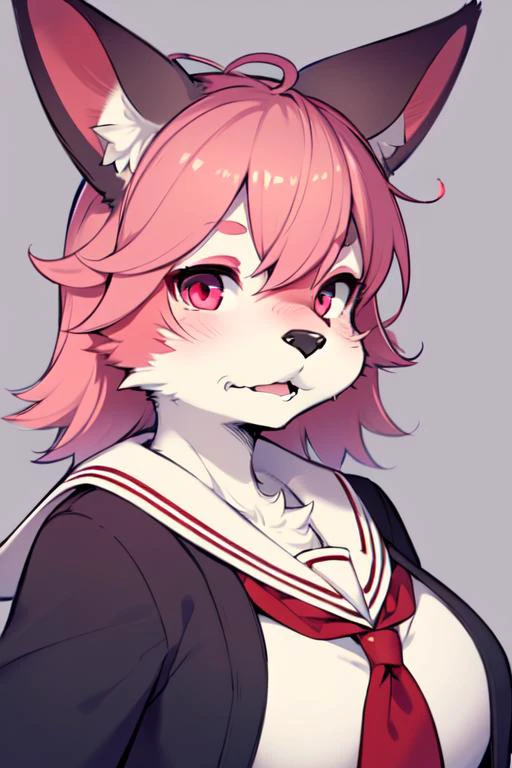 1girl, red fur, pink eyes, rabbit girl, medium breasts, school uniform, portrait, simple background, (furry:1.5) <lora:lycoris_s01:0.6>