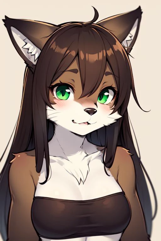 1girl, sepia fur, green eyes, fox girl, medium breasts, tube top, portrait, simple background, (furry:1.5) <lora:lycoris_s01:0.6>