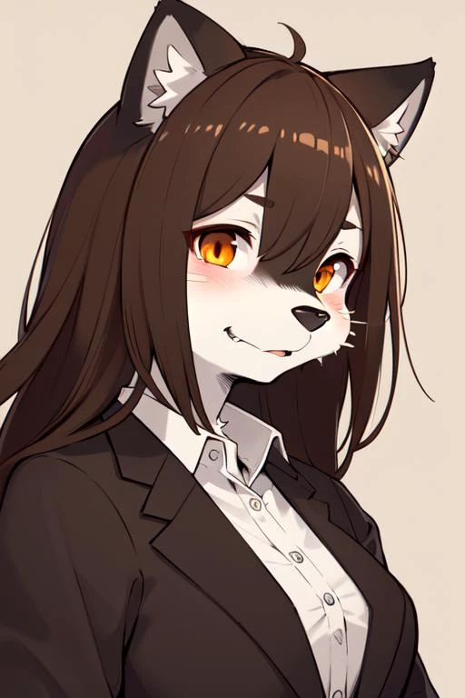 1girl, sepia fur, orange eyes, wolf girl, medium breasts, dress shirt, portrait, simple background, (furry:1.5) <lora:lycoris_s01:0.6>