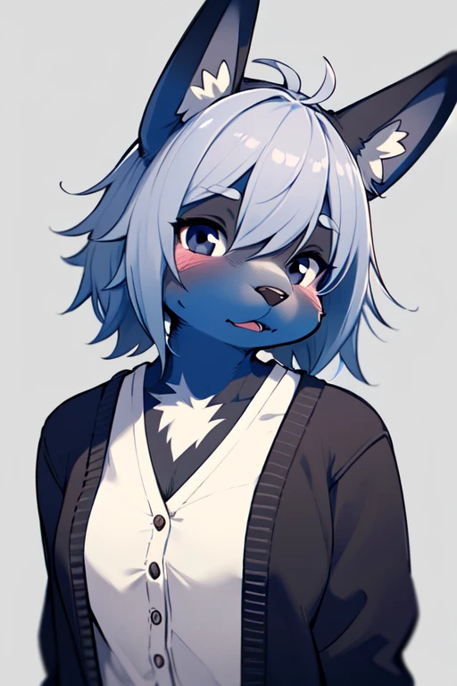 1girl, grey fur, black eyes, rabbit girl, medium breasts, cardigan, portrait, simple background, (furry:1.5) <lora:lycoris_s01:0.6>