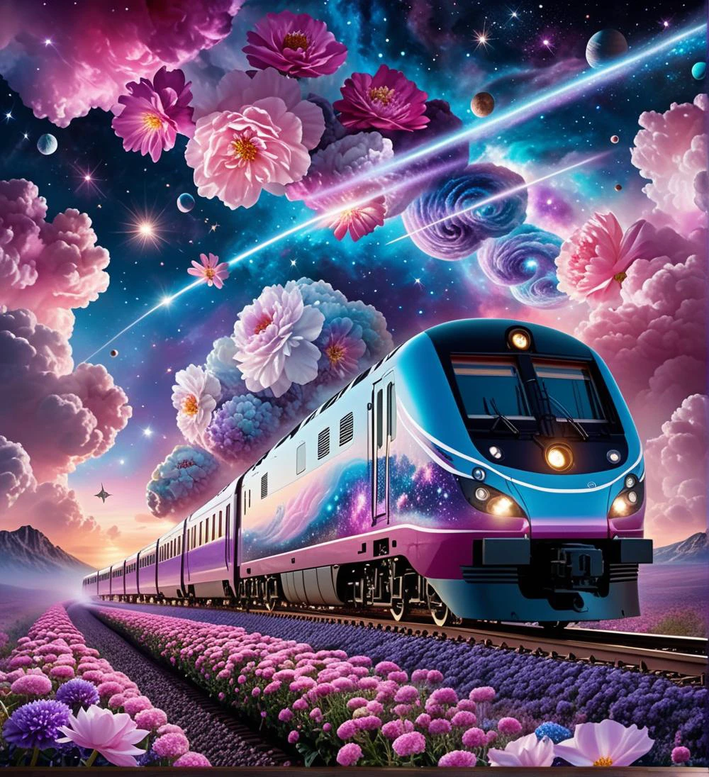 Hyperrealistic train detailed with blooming flowers, ethereal cloud animals with shimmering outlines, passengers gazing in awe, vast sky with swirling galaxies, cosmic colors (purples, blues, pinks), dramatic lighting, mystical atmosphere
