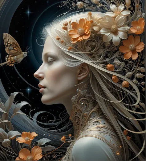 style of Aaron Horkey & Anne Bachelier fusion, Poster close-up, A delicate (tiny woman:0.8), illuminated by a (fast light void:1.5) revealing her intricate details and hidden beauty in a surreal landscape filled with (ethereal flora:1.2).