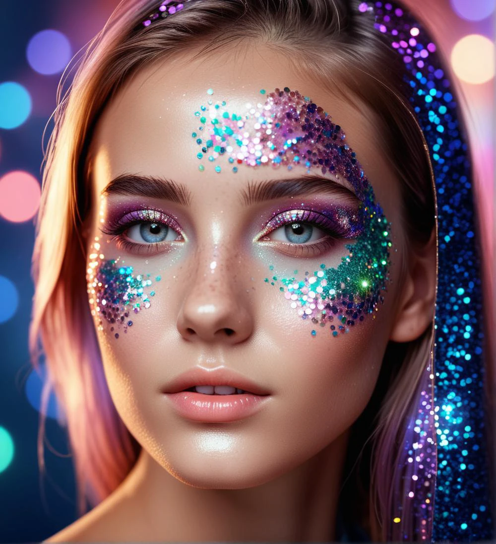 photo, 8k portrait 1girl, glitter, high_resolution, detailed, portrait, shiny skin, multicolor,