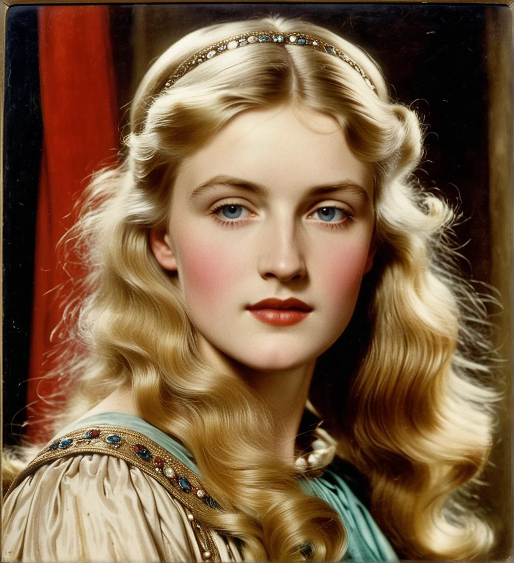 (close shot) of a blonde woman style of Edwin Austin Abbey
