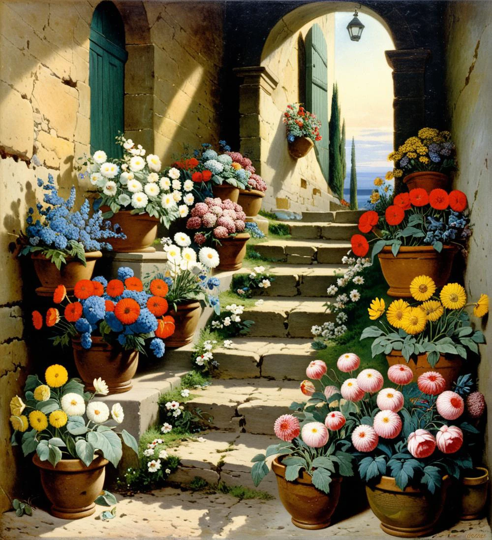 Stairs and flowers, by Gustav doré