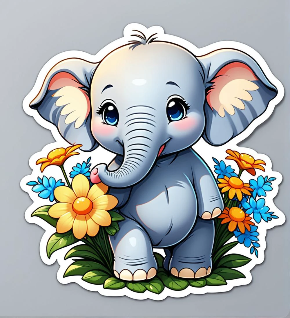 funny sticker of a chibi cute elephant, zbrush, anime, manga, street, flower bouquet, granblue print, white background