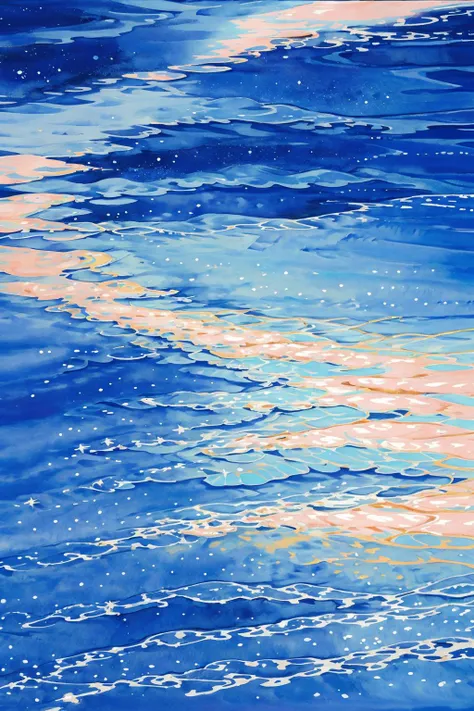 no humans, traditional media, sky, painting (medium), water, star (sky), cloud, outdoors, ocean, night, scenery, watercolor (medium), acrylic paint (medium), starry sky, night sky, (illustration:1.0), masterpiece, best quality, <lora:waterss:0.7>