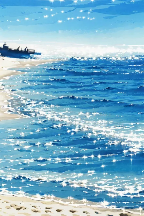 no humans, traditional media, beach, outdoors, waves, ocean, painting (medium), water, scenery, sand, shore, night, sparkle, sky, watercolor (medium), (illustration:1.0), masterpiece, best quality, <lora:waterss:0.7>