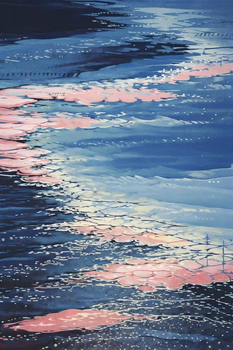 no humans, traditional media, sky, painting (medium), water, star (sky), cloud, outdoors, ocean, night, scenery, watercolor (medium), acrylic paint (medium), starry sky, night sky, (illustration:1.0), masterpiece, best quality, <lora:waterss:0.7>