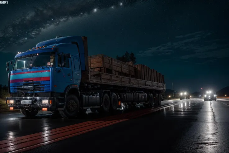 KAMAZ_54115 masterpiece,best quality,official art,extremely detailed CG unity 8k wallpaper,illustration, moving, wet, (((NIGHT))),neon lights,drift, <lora:KAMAZ_54115:1>