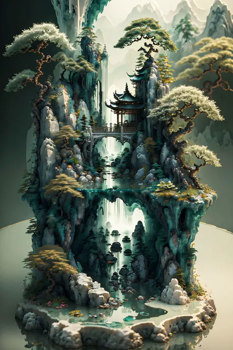 (no humans:1.5),jade carving tree,waterfall,,High Detail,Sharp focus,full body,(closeup),realistic details,very good light transmittance,miniature sculpture,(jade:1.3),three-dimensional,3D,blender,C4D,<lora:jade:0.8>,<lora:ShanShuiHua_v20:0.6>,bridge,lotus,, (masterpiece, best quality, high quality, highres, ultra-detailed),