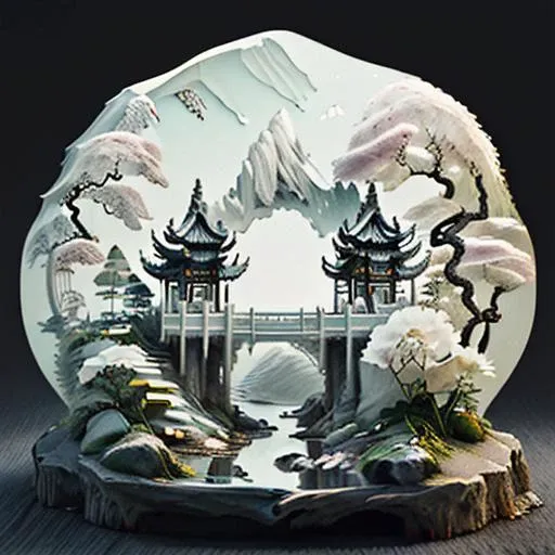 Chinese ink painting style, high quality, realistic, landscapes, pavilions, artificial mountains, trees, peonies, small bridges.<lora:ShanShuiHua:1>