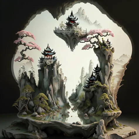 (masterpiece, best quality, high quality, highres, ultra-detailed),Chinese ink painting style, high quality, realistic, landscapes, pavilions, artificial mountains, trees, peonies, small bridges,<lora:ShanShuiHua_v16:1>,(miniature),(bonsai)
