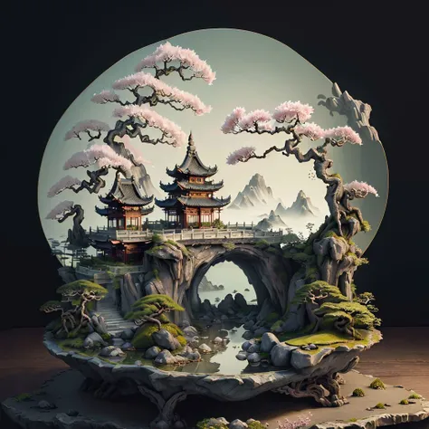 (masterpiece, best quality, high quality, highres, ultra-detailed),Chinese ink painting style, high quality, realistic, landscapes, pavilions, artificial mountains, trees, peonies, small bridges,<lora:ShanShuiHua_v16:0.7>,(miniature),(bonsai)