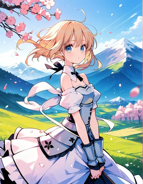 score_9,score_8_up,score_7_up,score_6, ,, source_anime, 1girl,solo,saber lily, mountain,ribbon, upper body,wind,floating hair,armored dress,falling petals, cherry blossoms,, looking at viewer,