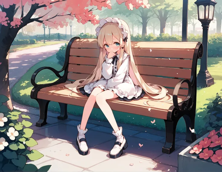 score_9,score_8_up,score_7_up,score_6, ,, source_anime, 1girl, ta fashion, very long hair,  park bench,,knees together feet apart, pigeon-toed, shy, looking at viewer,