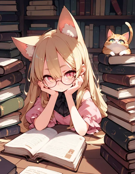 score_9,score_8_up,score_7_up,score_6, ,, 1girl,solo,glasses,very long hair, blonde hair,cat_ears,pink_dress, slit pupils,looking at viewer, bookstore, book stack,, table