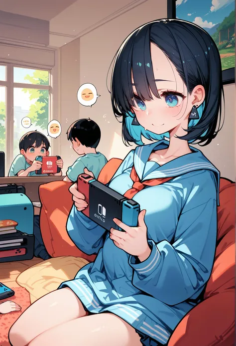 score_9,score_8_up,score_7_up,score_6_up,score_5_up, ,, 1girl,1boy,brother and sister,,onee-,age difference,spoken emoji, living room,indoors,holding nintendo switch,serafuku, little brother,, dangling earrings