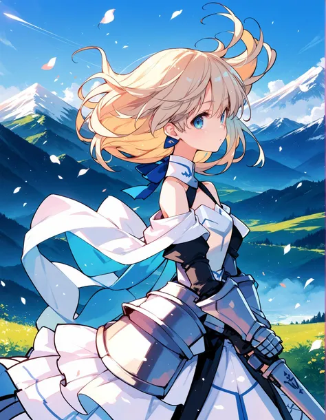 score_9,score_8_up,score_7_up,score_6, ,, source_anime, 1girl,solo,saber, mountain,ribbon, upper body,wind,floating hair,armored dress,, looking at viewer,