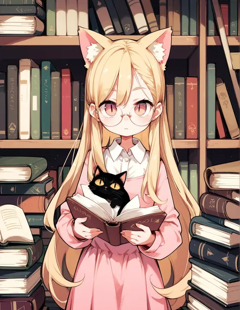 score_9,score_8_up,score_7_up,score_6, ,, 1girl,solo,glasses,very long hair, blonde hair,cat_ears,pink_dress, slit pupils,looking at viewer, bookstore, book stack,