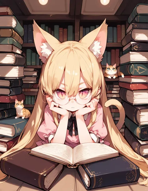 score_9,score_8_up,score_7_up,score_6, ,, 1girl,solo,glasses,very long hair, blonde hair,cat_ears,pink_dress, slit pupils,looking at viewer, bookstore, book stack,