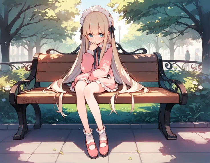 score_9,score_8_up,score_7_up,score_6, ,, source_anime, 1girl, ta fashion, very long hair,  park bench,,knees together feet apart, pigeon-toed, shy, looking at viewer,