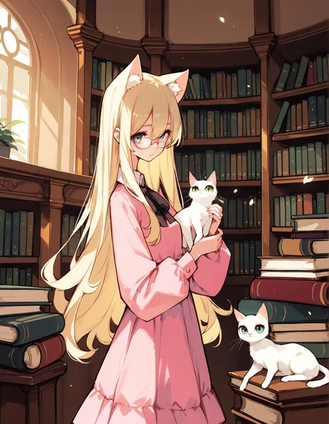 score_9,score_8_up,score_7_up,score_6, ,, glasses,very long hair, blonde hair,cat_ears,pink_dress,library,