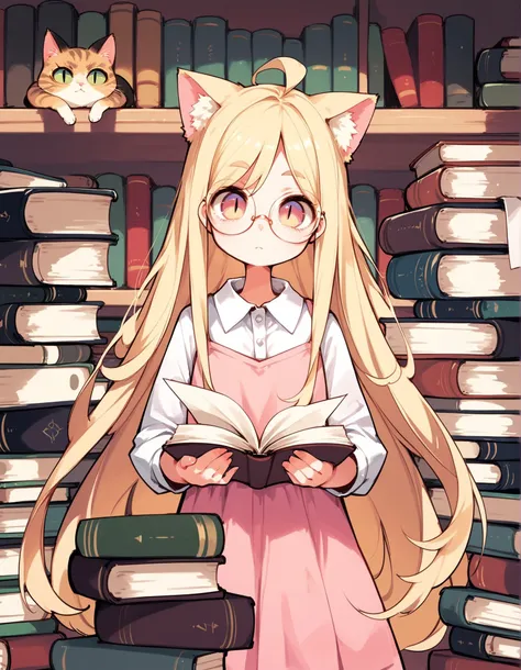 score_9,score_8_up,score_7_up,score_6, ,, 1girl,solo,glasses,very long hair, blonde hair,cat_ears,pink_dress, slit pupils,looking at viewer, bookstore, book stack,